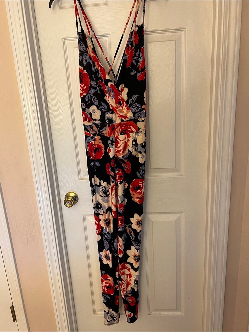 Derek Heart Navy Blue Floral Wrap Jumpsuit with Red & Cream Flowers